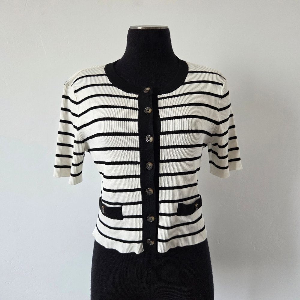 NEW H&M Striped Ribbed Cardigan Sweater Short Sleeve Preppy Old Money Medium